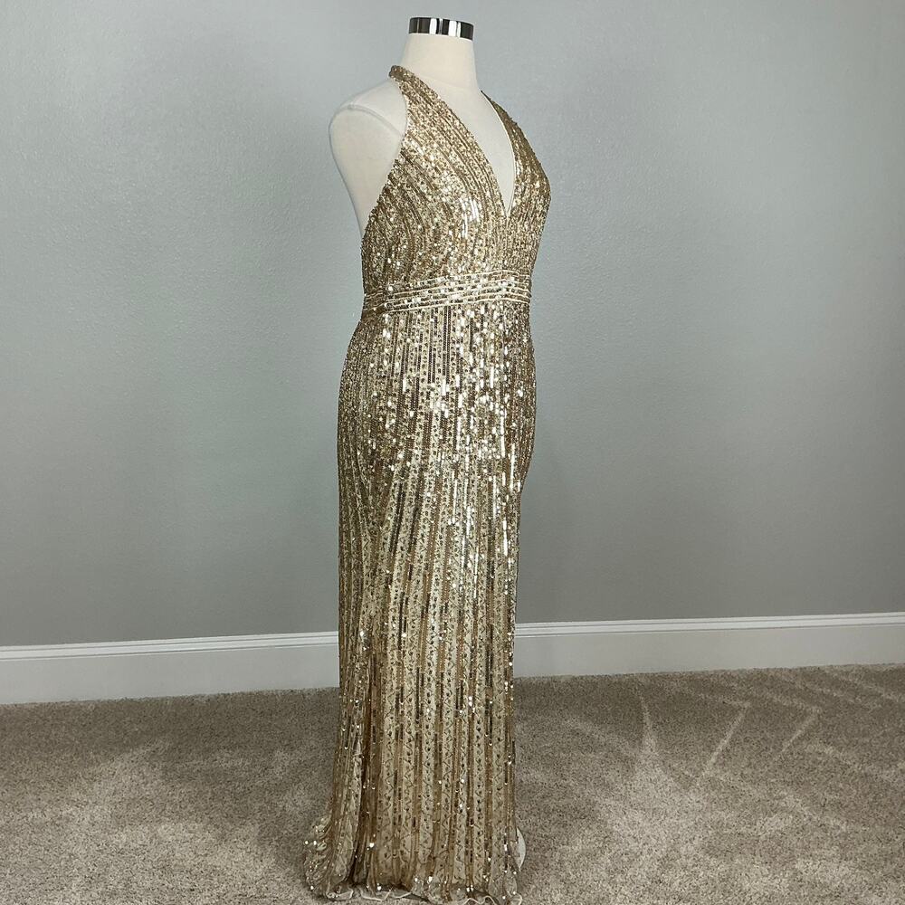 Mac Duggal 5759 Gold Evening Gown Sequined Backless Halter Column Dress Size 16 - Picture 3 of 13